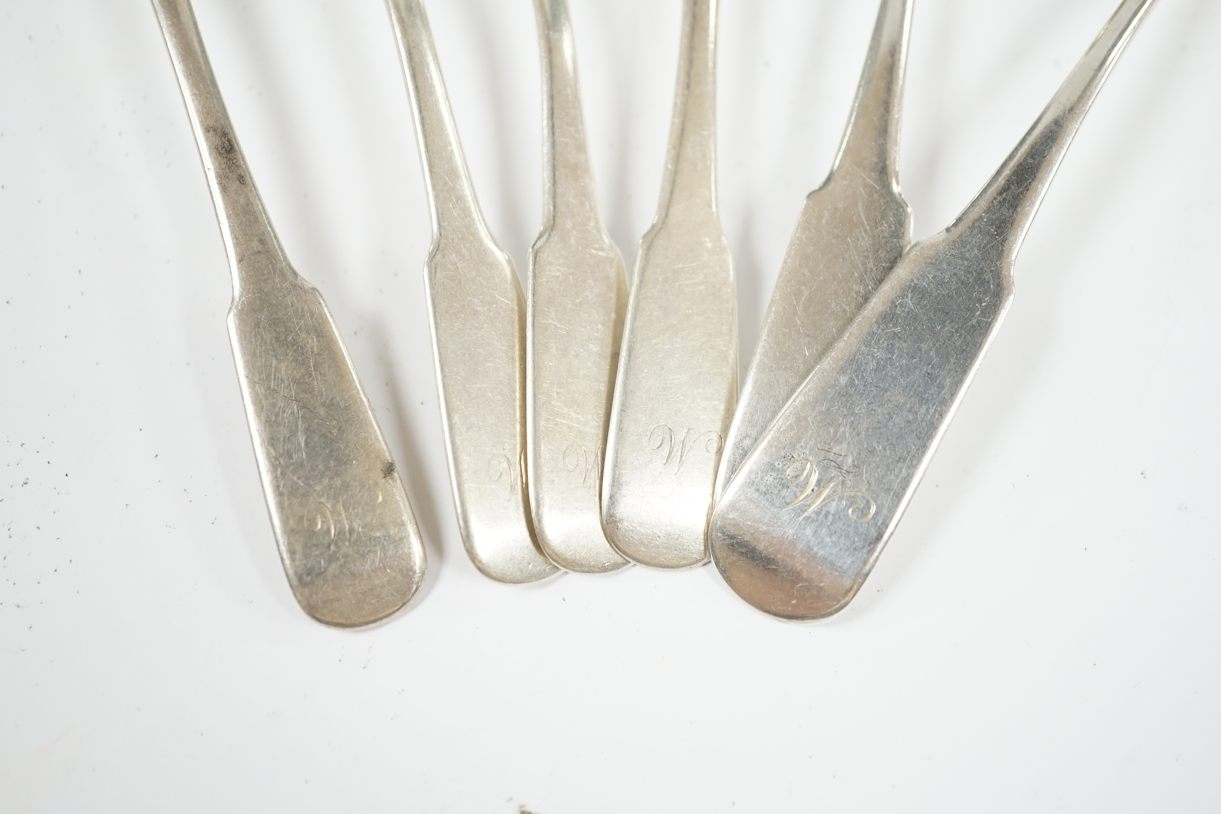 A pair of Victorian Scottish provincial sauce ladles and a set of four teaspoons, Richard Kray II, Perth, circa 1820, 4.3oz. Condition - fair